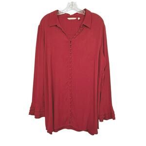 Soft Surroundings Women’s Longer Length Button Front Ruffle Cuff Tunic XL Red